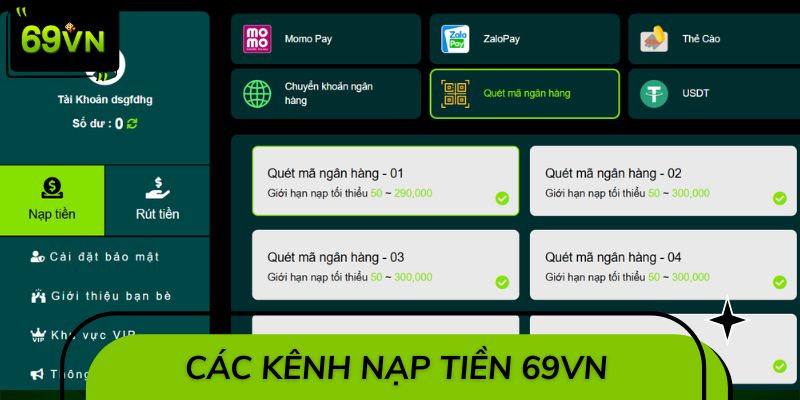 Nạp tiền 69VN với nhiều kênh thanh toán hiện đại